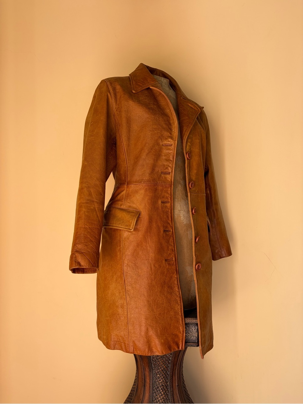 Vtg 90s Y2k Express Brown Cognac Leather Trench Coat Boho 70s Style